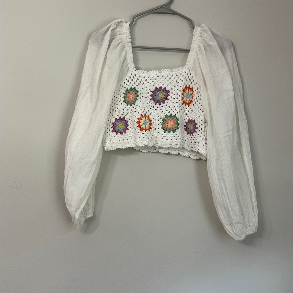 Aerie Crochet Floral Patchwork Blouse - Cream, Purple, Orange, Green